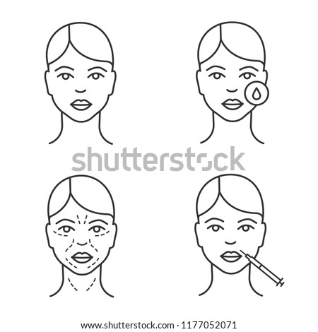 Neurotoxin injection linear icons set. Woman's face, makeup removal, mimic wrinkles, lips neurotoxin injection. Thin line contour symbols. Isolated vector outline illustrations. Editable stroke