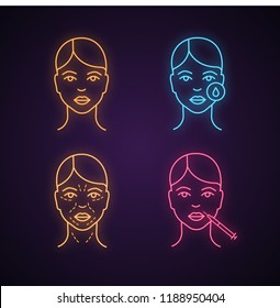 Neurotoxin injection neon light icon. Woman face, makeup removal, mimic wrinkles, lips injection. Glowing sign. Vector isolated illustration
