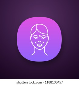 Neurotoxin injection sites app icon. Facial markup for cosmetic procedure. Neuro toxin injection preparation. Facial rejuvenation. UI/UX interface. Mobile application. Vector isolated illustration
