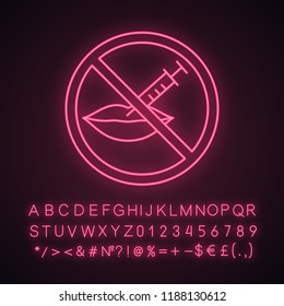 Neurotoxin lips injection prohibition neon light icon. Stop lips augmentation. Neuro toxin injection inside forbidden sign. Glowing sign with alphabet, numbers, symbols. Vector isolated illustration