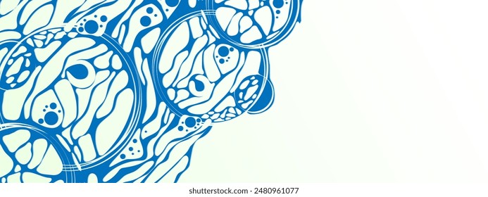 Neurotrophe Textur eines Netzwerkes. Vektorgrafik blauer Hintergrundrahmen. Design-Plex aus chaotischen Kreisen, Kugeln, Linien.  Kosmisches Muster. Poster-Präsentationen, Wirtschaft, Wissenschaft, Computer Bildschirmschoner.