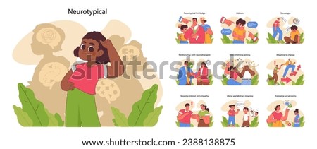 Neurotypical set. Comprehensive exploration of societal norms and neurodiversity. Understanding, privilege and stereotypes. Supporting people with autism, adhd, depression. Flat vector