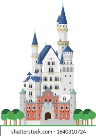 Neuschwanstein Castle (Bavaria, Germany). Isolated on white background vector illustration.