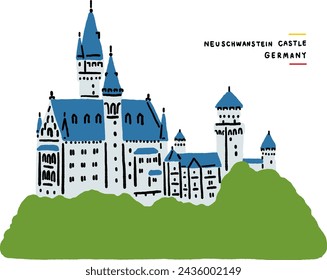 Neuschwanstein Castle in Bavaria tourist attractions Europe Germany Hand drawn line art Colour Illustration