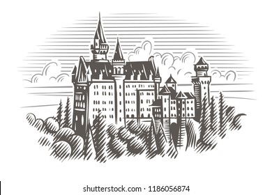 Neuschwanstein castle engraving style illustration. Vector. Layered. 