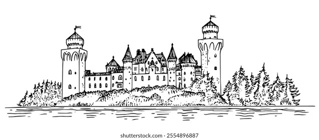 Neuschwanstein Castle Germany doodle hatching vector sketch