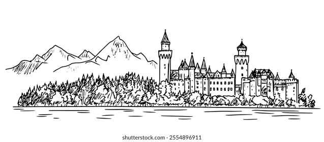 Neuschwanstein Castle Germany doodle hatching vector sketch