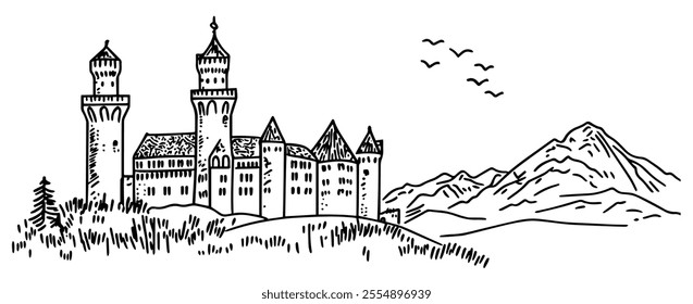 Neuschwanstein Castle Germany doodle hatching vector sketch