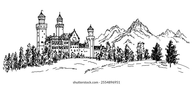 Neuschwanstein Castle Germany doodle hatching vector sketch