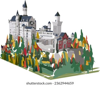 Neuschwanstein castle in Germany with view of buildings, trees and no mountains in full color vector svg