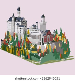 Neuschwanstein castle in Germany with view of buildings, trees and no mountains in full color vector with background pink svg