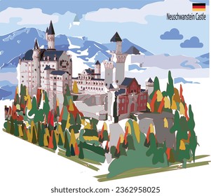Neuschwanstein castle in germany with view of buildings, trees and mountains in vector svg