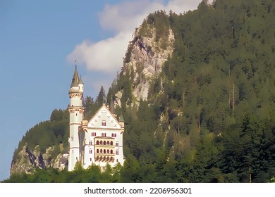 Castillo Neuschwanstein y paisaje montañoso. Vistas soleadas al verano. Imagen vectorial.