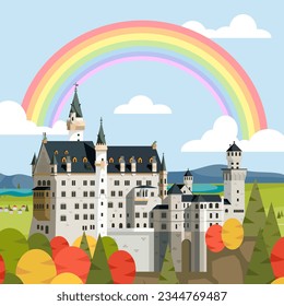 The Neuschwanstein Castle with a rainbow in the autumn season. Bavarian Alps of Germany. Vector illustration flat design for banner, poster, and web background.