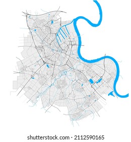 Neuss, North Rhine-Westphalia, Germany high resolution vector map with city boundaries and editable paths. White outlines for main roads. Many detailed paths. Blue shapes and lines for water.