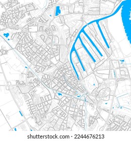 Neuss, North Rhine-Westphalia, Germany high resolution vector map with editable paths. Bright outlines for main roads. Use it for any printed and digital background. Blue shapes and lines for water.