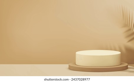 Neutral 3d cylinder podium pedestal with tropical palm leaf shadow wall background realistic vector illustration. Beige round geometric platform commercial advertising product showroom interior