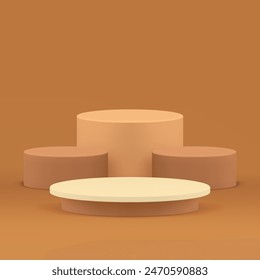 Neutral 3d cylinder podium pedestal beige advertising showcase realistic vector illustration. Brown pastel round showroom geometric stand for product commercial presentation show shopping sale