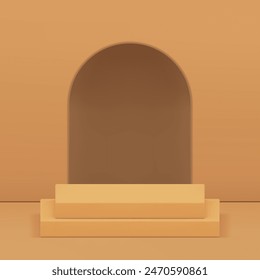 Neutral 3d podium pedestal with arch hole wall background for product show realistic vector illustration. Beige pastel geometric showcase squared display for shopping sale commercial advertising