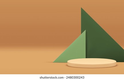 Neutrales 3D-Showcase-Podium-Mock-up für kosmetische Produktpräsentation realistische Vektorillustration. Beige Zylinder Sockel mit grünem Dreieck Wand Hintergrund Rendering Promo Werbung Display