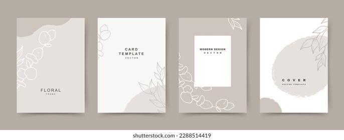 Neutral abstract backgrounds with floral elements in a minimalistic linear style. Trendy design templates for wedding invitation, postcard, poster, flyer, brochure, social media post