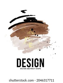 Neutral abstract painting background design , logo, business card template, greeting, wall decor poster with brown black watercolor stains and gold glitter 