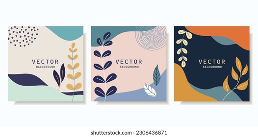 Fondo abstracto neutro cuadrado pastel con elementos florales de estilo minimalista.