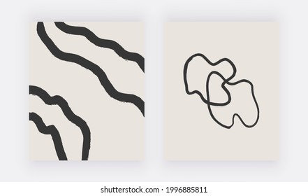 Neutral Abstract Wall Art Prints With Black Freehand Lines