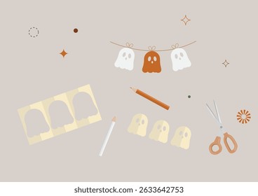 Neutral Aesthetic Halloween Ghost Craft Supplies Flat Lay. DIY ghost bunting, crafting tools. rustic Halloween decor projects. Sustainable halloween concept. Flat style. Vector illustration