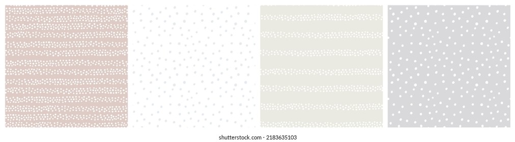 Neutral baby girl seamless pattern set in dusty pink, grey, white and beige colors with simple spot, dot and stripe motifs for clothing or bedding textile.