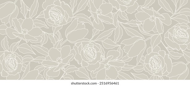 Neutral background with elegant hand drawn pattern of flowers in line art style in beige colors. Vector design for wall poster, wedding invitation, packaging, card, cover, banner, print, wallpaper