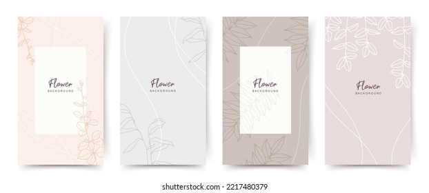 Neutral background with minimal hand drawn flower elements in line art style. Floral frame. Editable vector banner for social media post, card, cover, wedding invitation,
poster, mobile apps, web ads