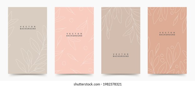 Neutral background set with trendy  minimal floral elements. Editable vector illustration for cover, greeting card, poster, wedding invitation, social media post and story