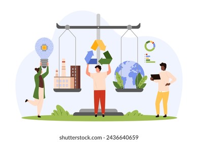 Neutral balance between net zero emissions and carbon dioxide pollution from factory chimneys. Tiny people with recycle symbol, light bulb and scales plan eco strategy cartoon vector illustration