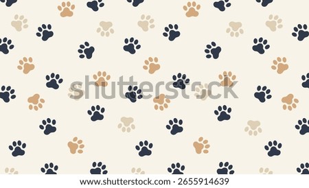 Neutral beige background with a charming mix of navy blue, tan, and cream paw prints. Classic, seamless vector for pet-related projects