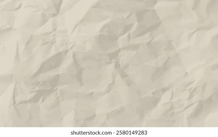 Neutral beige crumpled paper, vector background texture. Wrinkled creased worn sheet