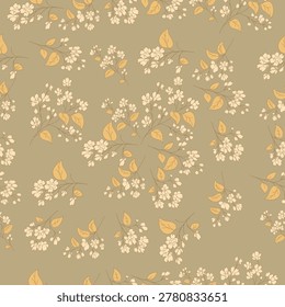 Neutral Beige Floral Seamless Pattern with Cream Blossoms and Golden Leaves