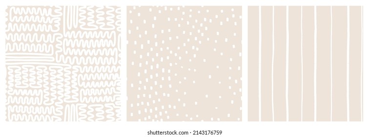 Neutral beige low contrast seamless pattern set with maze, dot and stripe vector designs.