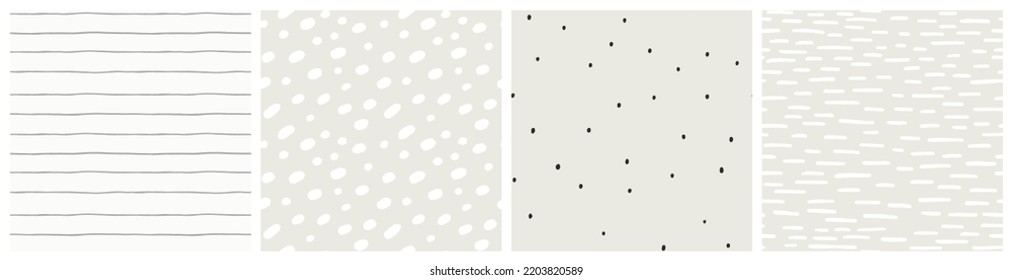 Neutral beige seamless pattern set with different spot and thin stripe designs. Bedding textile fabric print with subtle abstract dots on soft khaki background.