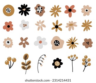 Neutral Beige Simple Minimalistic Floral Doodle natural elements foe designs botanical plants, stem, buds vector set collection. 