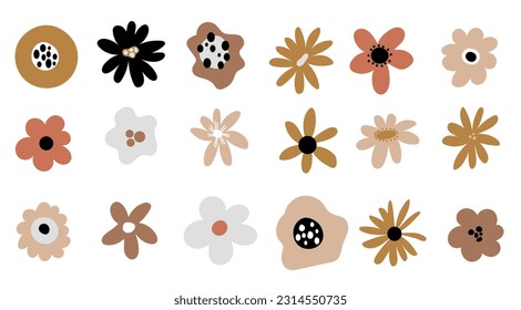 Neutral Beige Simple Minimalistic Floral Flower Doodle natural elements designs botanical plants, stem, buds vector set collection. 