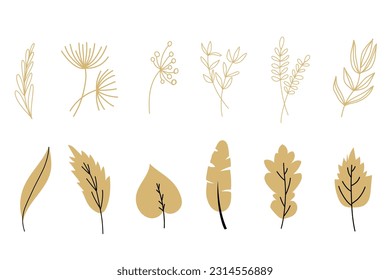 Neutral Beige Simple Minimalistic Floral Doodle natural elements designs botanical line plants, stem, buds vector set collection, oak tree, maple silhouette, palm, banana silhouette.