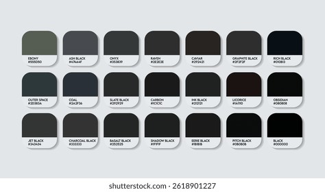 Neutral Black Color Guide Palette with color Names. Catalog Samples of Neutral Black with RGB HEX codes and Names. dark charcoal Color Palette, Fashion Trend Pantone Neutral paint black Color Palette