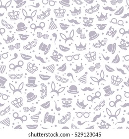 Neutral black and white carnival seamless pattern with mask, detective hat, smiling lips and princess crown. Vector illustration. Fun fair background