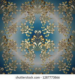 Neutral and blue colors with golden elements. Gold metal with floral pattern. Seamless golden pattern. Vector golden floral ornament brocade textile and glass pattern.