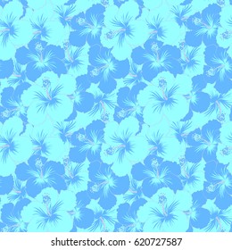 Neutral and blue hibiscus seamless pattern. Vector seamless pattern with tropical flowers in watercolor style. Vector illustration.
