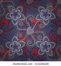 Neutral, blue and red colors vector seamless pattern with many flowers.
