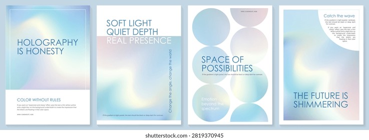 Neutral blurry gradient bg, clean iridescent poster. Soft foil texture, book cover design. 3D pink pastel paper, metal foil ombre pattern in holographic mesh template. Subtle yellow blue soft effect