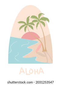 Neutral boho beach print in pastel colors. Abstract contemporary sea sunrise with sand, palms, surfing desk. Vector drawings for covers, posters, labels, postcards, packaging design 