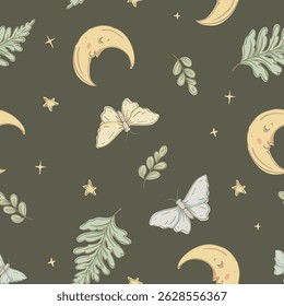 Neutral botanical moon and fern seamless pattern, vector magic texture